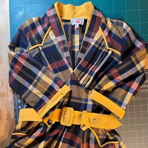 Miss Candyfloss Celeste dress is Navy/Mustard/Burgandy tartan, size L